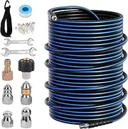 Sewer Jetter Kit for Pressure Washer, 5800PSI Drain Cleaner Hose 1/4 Inch NPT Corner Rotating and Button Nose Sewer Jetting Nozzle Spanner Watertight Tape Pearl Corsage Pin Handle Strap (150FT)