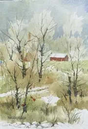 4.9”X 7” Original Pamela Wilhelm watercolor back road red barn springtime trees