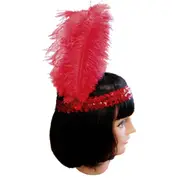 Red 1920s Flapper Sequin Headband with Feather - One Size