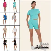 Womens Ribbed Short Set Co-Ord Zip Up Crop Top Shorts 2 Pcs Sports Yoga Gym Set