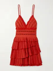 [Sea] Sea - Antonina Broderie Anglaise-trimmed Tiered Pleated Poplin Mini Dress - US14 US 14 Red