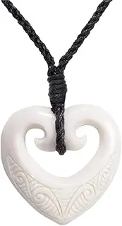 [81stgeneration] Women's Men's Hand Carved Bone Maori Heart Double Koru Love Spiral Pendant Necklace