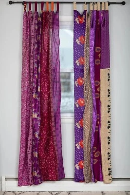 2 Pcs Indian Old Sari Purple Curtain Door Drape Window Decor Silk Saree Curtain