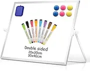 QUEENLINK Small Magnetic Whiteboard,16”x12” Double-Sided Desk White Board with Stand,Portable Whiteboard 8 Colorful Markers,6 Magnets,1 Eraser,Desktop Whiteboard for Kids Drawing,Office,Home,School