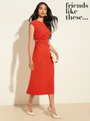 Friends Like These Orange Tailored Jersey Twist Front Hardware Midi Dress (H19273) | $111