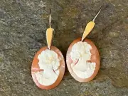 Cameo Shell Earrings Vintage Signed M+M Scognamiglio 14K Yellow Gold Carved NEW