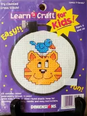 1997 Dimensions Learn a Craft Counted Cross Stitch HOOP frame Bird & Cat Design