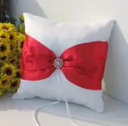 White Wedding Ring Bearer Pillow Red bow diamante stud 18cmsq Hand Grip Satin