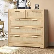 Oikiture Chest of Drawer with 5 Rattan Drawers and Wooden Handler for Home Hallway Tallway Furniture