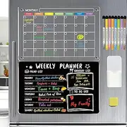 Magnetic Fridge Calendar,2 Pcs Acrylic Calendars & Personal Organisers,Wall Calendar with Reusable Monthly Weekly Meal Planner Fridge Magnet Set,8 Dry Erase Markers and Eraser & Magnetic Pens Holder