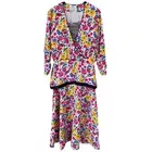 Vintage Flora Kung Silk Jacquard Floral Stripe Mix Print Faux Wrap Midi Dress 14