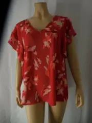 HALSTON Blouse Shirt Top size Large red floral flutter sleeves NWT