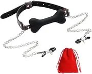 Bone Gag Restraints Sex Mouth Gag with Nipple Clamps Mouth Ball Fetish Sex Muzzle Gag Ball Gag for Couples Gay Lesbian Gag Toys