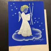 NEW Christmas Greeting Card Pretty Angel Stars Candles Cloud Blue Silver Details