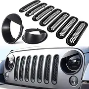 E-cowlboy Front Grille Mesh Inserts & Headlight Cover for Jeep Wrangler JK JKU 2007~2017【Upgrade Matte Black Clip-on Version】