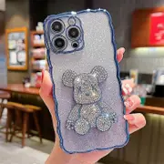 iPhone 14 Pro Phone Case Teddy Candy Bear Kawaii Shiny Diamond Cute 3D Bear Electroplated Wave Edge Soft TPU Shockproof for Women and Girls-A30093A