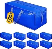 Heavy Duty Extra Large Moving Bags W/Strong Handle & Zippers, Storage Totes For Space Saving, Fold Flat, Alternative to Box and Bin, Storage Bags for Clothing Dorm Travel Camping (Set of 8, Blue)