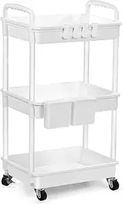 Veylenix 3 Tier Storage Cart with Hooks & Cups,Rolling Trolley Organizer with Wheels,Plastic Utility Cart for Office,Bathroom,Kitchen,White