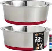 [Gorilla Grip] Set of 2 Dog Bowls, Heavy Duty Metal Food and Water Bowl for Feeding Dogs and Cats, Dishwasher Safe, Rust Resistant Stainless Steel, BPA Free Rubber Base, Holds 2 Cups (16 fl oz), Red