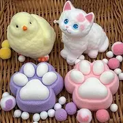 Taba Squishy 4-Pack Bundle - Fufu Squishy Toys Set with Chick, Giant Cat & 2 Paw Squishies, Soft Slow-Rise Stress Relief Sensory Toys for Kids Adults Anxiety Relief