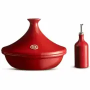 Emile Henry Ceramic Flame Tagine 32cm / 3.5L +Oil Pourer in Grand Cru / Burgundy