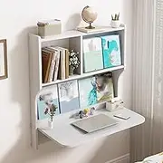 Folding Wall Mounted Table with Foldable Desktop and Storage Shelves for Home Office Bedroom Multifunctional Space Saving Desk (White)