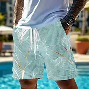 Men's Palm Leaf Tropical Plants Waffle Shorts Sweat Shorts Casual Shorts Mid Waist Fashion Casual Vacation Jogging Workout Elastic Drawstring Waist Shorts with