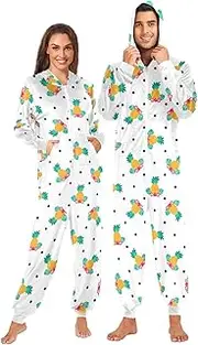 [ZZXXB] Pineapple Hibiscus Floral Onesie Pajamas for Adult Women Men Long Sleeves One Piece Onesies Hooded Sleepwear S - XL
