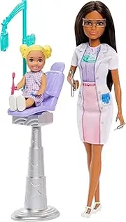 Barbie Dentist Doll with Brunette Fashion Doll with Blue Dress and Lab Coat, 1 Kid Doll, Medical Doctor Furniture & Accessories