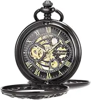 Mens Antique Skeleton Mechanical Pocket Watch with Chain- Dragon Hollow Hunter ManChDa