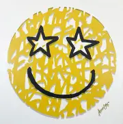 Original Painting, 'Starry Eyed' Smiley Face, Abstract Circle Art