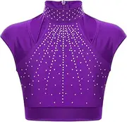 [Hedmy] Kids Girls Shiny Rhinestones Sleeveless Mock Neck Cutout Crop Top Skating Gymnastics Dance Shirts