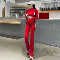在飛比找Yahoo!奇摩拍賣優惠-紅色拼接條紋運動服套裝女春秋2023年新款時尚洋氣潮立領健身