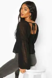 "Boohoo" Black Dobby Chiffon Ruffle Blouse, Size 14, BNWT