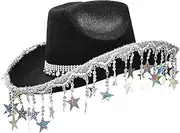 [Generic] Cowboy Hat with Rhinestone, Shimmering Sequins Star Fringe Cowboy Hats, Western Cowgirl Hat with Glitter Crystal Stars