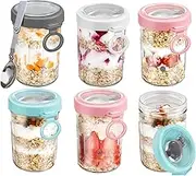 6 Pack Overnight Oats Jars, Overnight Oats Container with Lid and Spoon, 12oz Mason Jars with Lid for Cereal with Measurement Marks, Glass Airtight Oatmeal On the Go