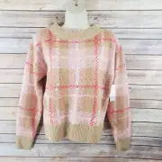 BP S Sweater Nougat Dapper Plaid Crew Neck LS Preppy Cozy Cottagecore Retro SW6