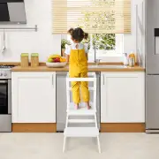 Costway2-in-1 Wooden Kids Kitchen Step Stool with Safety Rails-White
