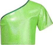 [Jugaoge] Kids Girls Shiny Metallic Dance Tops One Shoulder Crop Top Jazz Hip Hop Dance Performance Costume