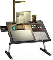 SAIJI Laptop Bed Tray Desk with LED Desk Light, Adjustable Laptop Stand for Bed, XX-Large PVC Leather Foldable Laptop Table with Book Stand, Wrist Rest, Extra Leg Room for Sofa Couch Floor (Black)