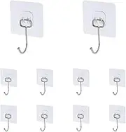 10PCS Large Adhesive Wall Hooks Heavy Duty - Hanging Up to 5Kg, Sticky Hooks No Damage, Self Adhesive Stainless Steel Stick on Hooks (Clear)
