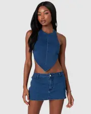 EDIKTED Womens Sydnie Denim Open Back Top DARK-BLUE