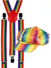Rainbow Gay LGBT Pride Suspenders Carnival Fancy Dress Costume Sequinned Cap Hat