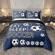 Feelyou Full(No Comforter) Soccer 100% Cotton Duvet Cover Boys Girls Football Bedding Set for Kids Teens Toddler Navy Blue Comforter Cover Set Soccer Ball Game 3Pcs Zipper