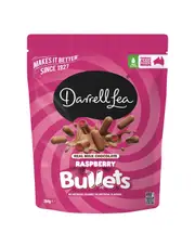 D/L Milk Chocolate Raspberry Liquorice Bullets 204g