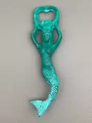 Mermaid Beer Bottle Opener Cast Iron Hand Held Green Verdigris Patina Nautical