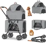 Portable Pet Jogger Stroller, Folding Double-Layer Pet Trolley, Made of Linen 360° Universal Front Wheel Detachable Design with Double Pockets on The Side for Travel Camping