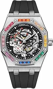 [DAXIAOYU] Men's Fashion Mechanical Watch Rainbow Diamond Fully Automatic Mechanical Watch Men's Waterproof Silicone Strap Night Light Display Business Watch Mechanical Watch