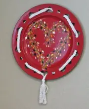 Heart on Flowers Hand Painted on Red Plate w/Macrame’ Accent for Wall Hanging