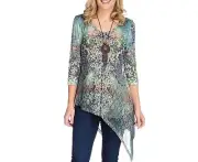 ONE WORLD PRINTED ASYMMETRICAL KNIT & CHIFFON TOP W/ REMOVABLE NECKLACE Sz 1X